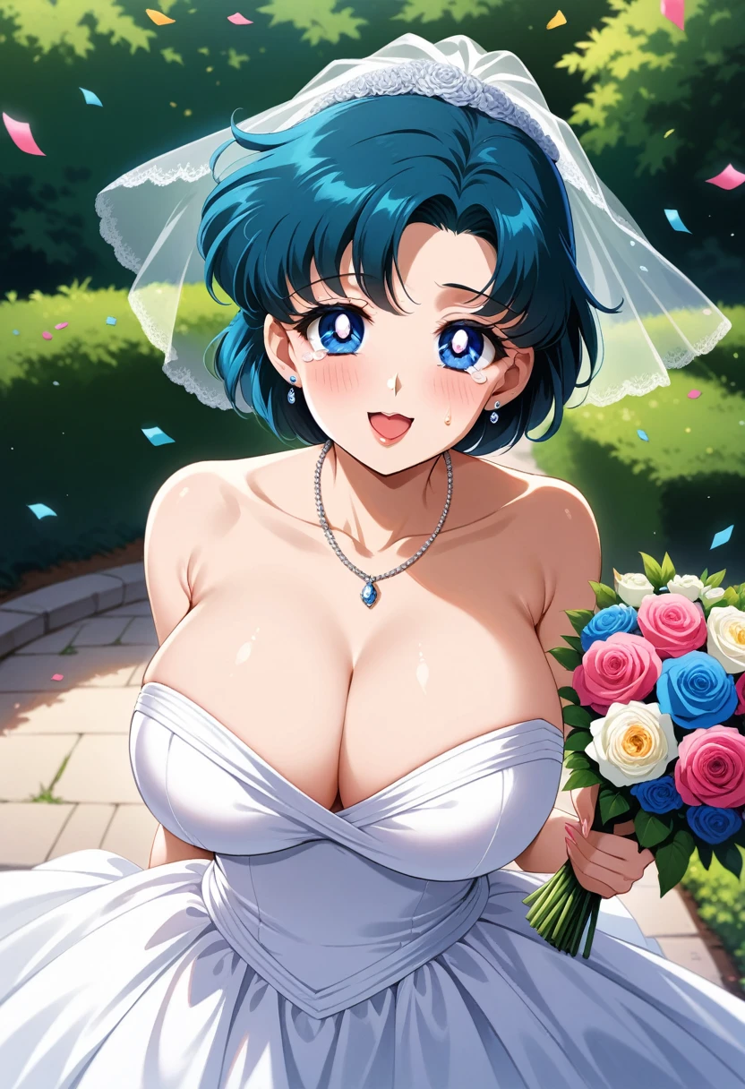 (masterpiece, best quality, very aesthetic, ultra detailed), intricate details, 4k, aamercury, short hair, blue hair, earrings, blue eyes, wedding dress, white dress, huge breasts, cleavage, vivid lips, full lips, vivid eyes, strapless, necklace, garden, confetti, smile, open mouth, tearing up, cowboy shot, standing, holding bouquet, bridal veil