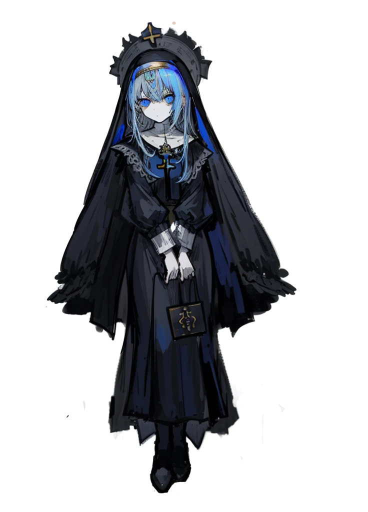 1girl, blue eyes, gray and blue hair, priestess, nun, saint, nice clothes, (high resolution, high detail, best quality),
black background, tender