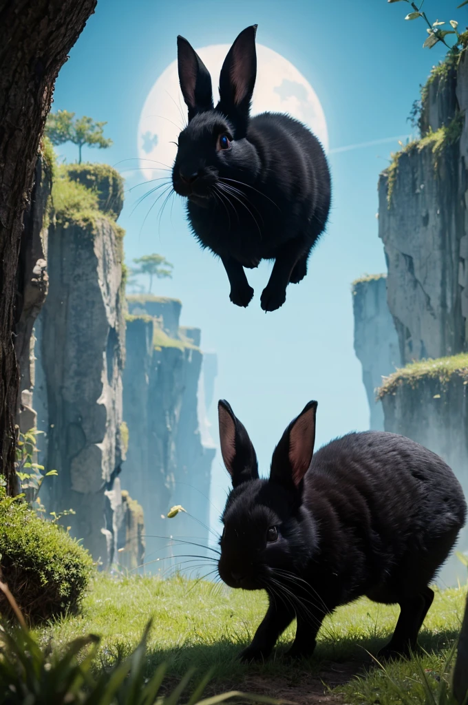 A black rabbit is having a great adventure in a mysterious world.
