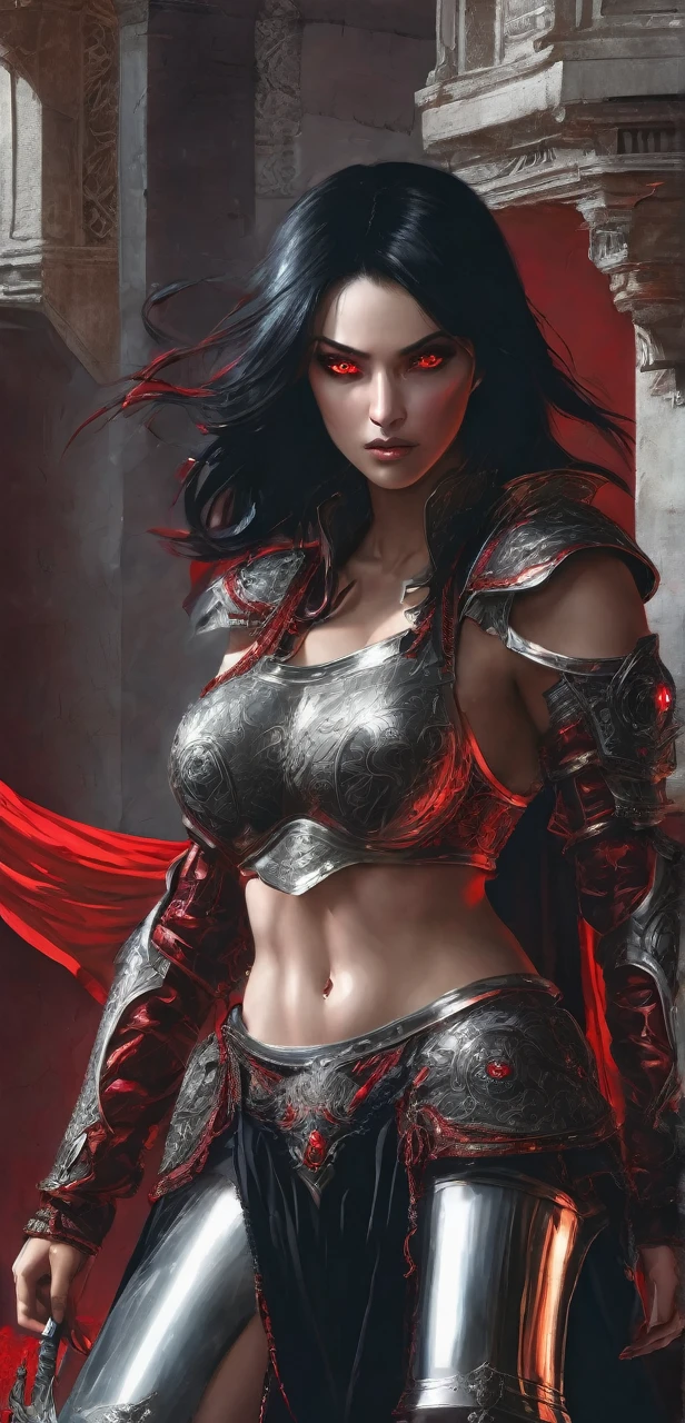 A beautiful woman with black hair and red eyes dangerous with silver armor