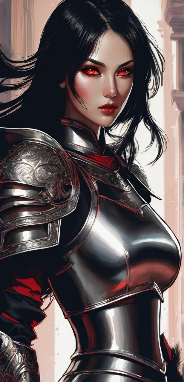 A beautiful woman with black hair and red eyes dangerous with silver armor