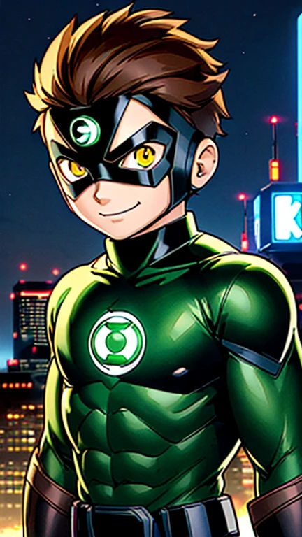 (8k),(masterpiece),(Japanese),(13-year-old boy),((innocent look)),((Childish)),From the front,smile,cute,Innocent,Kind eyes,Flat chest, Green Lantern, Black Helmet, Black DominoMask,Short,Hair covered by helmet,Brown Hair,Strong wind,night,dark, Neon light cyberpunk city, mighty atom