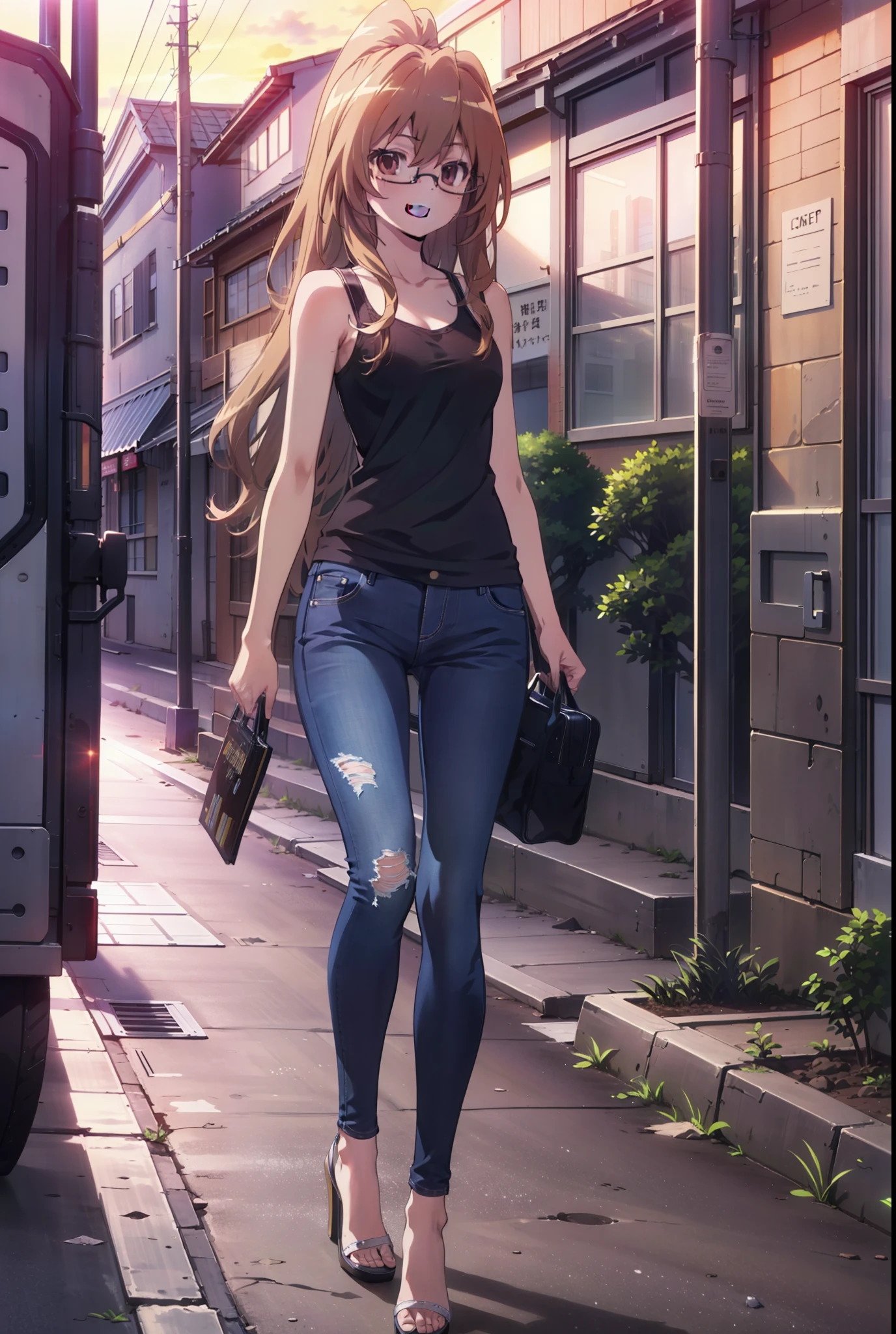 taiga aisaka, taiga aisaka, Long Hair, Brown Hair, Brown eyes,happy smile, smile, Open your mouth,ponytail,Black-rimmed glasses,Brown Tank Top,Skinny jeans,Stiletto heels,The rising sun,morning,morning陽,walking,whole bodyがイラストに入るように,
break outdoors, construction area,
break looking at viewer, whole body,
break (masterpiece:1.2), Highest quality, High resolution, unity 8k wallpaper, (shape:0.8), (Beautiful attention to detail:1.6), Highly detailed face, Perfect lighting, Extremely detailed CG, (Perfect hands, Perfect Anatomy),