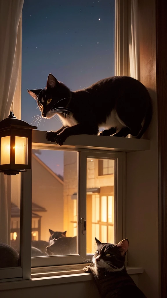 A collection of pictures about the story of Milo, a mischievous cat who lives in a comfortable house in a quiet suburb. He decides to go on a night adventure while his owners are asleep.. He slides through an open window and explores the moonlit neighborhood, discovering a different world where shadows play and nocturnal creatures appear..
While wandering, Milo meets a group of stray cats near an old oak tree. Although they are wary of him at first, a mischievous black cat named Felix recognizes Milo's courage and invites him to explore secret paths in the neighborhood that only stray cats know.. Melio enthusiastically agrees and follows Felix.
Together, they jump over fences, cross gardens, and sneak through alleys. Along the way, Milo discovers the hidden beauty of his neighborhood and learns from the various nocturnal creatures they meet – a wise owl, a crafty raccoon, and even a family of curious possums.. Each encounter gives Milo interesting information about the night.
As dawn approaches, Felix leads Milo to the highest rooftop in the neighborhood. From there, they watch the sunrise together, as the sky turns pink and orange. It was an enchanting sight, something Milo had never seen from his inner window.
Milo felt the early morning chill and knew it was time to go home. He thanked Felix for the unforgettable adventure and hurried back before his companions woke up. He slid back through the window and curled himself up in his favorite spot, purring happily.
His nightly adventure filled his heart with wonder and a new appreciation for the world around him. He fell asleep, dreaming of the next night's adventure.