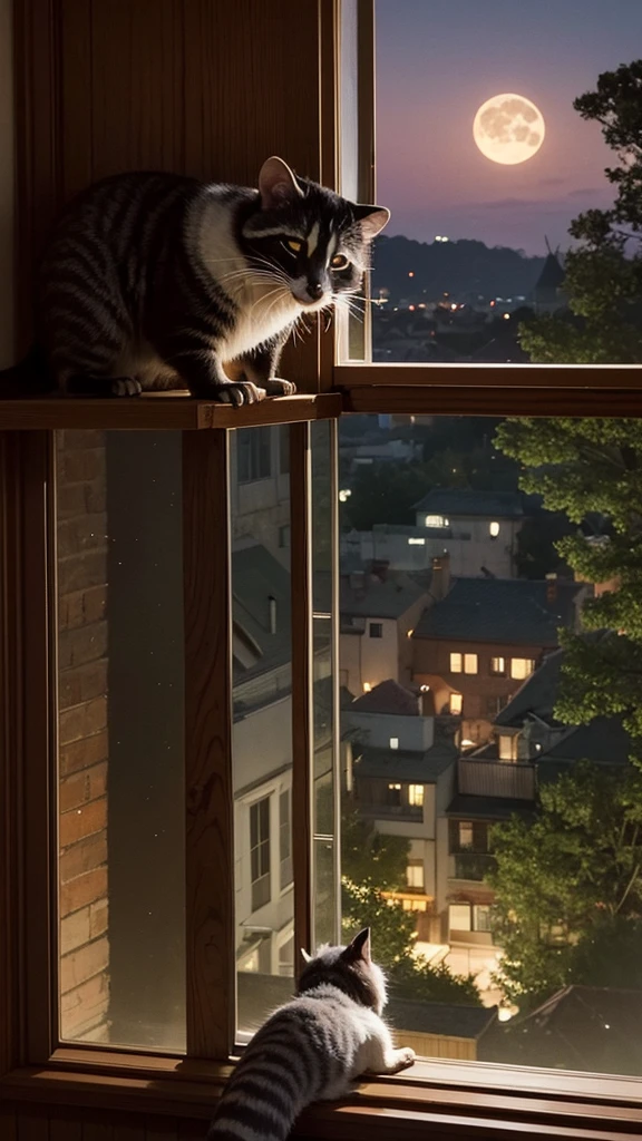 A collection of pictures about the story of Milo, a mischievous cat who lives in a comfortable house in a quiet suburb. He decides to go on a night adventure while his owners are asleep.. He slides through an open window and explores the moonlit neighborhood, discovering a different world where shadows play and nocturnal creatures appear..

While wandering, Milo meets a group of stray cats near an old oak tree. Although they are wary of him at first, a mischievous black cat named Felix recognizes Milo&#39;s courage and invites him to explore secret paths in the neighborhood that only stray cats know.. Melio enthusiastically agrees and follows Felix.

Together, they jump over fences, cross gardens, and sneak through alleys. Along the way, Milo discovers the hidden beauty of his neighborhood and learns from the various nocturnal creatures they meet – a wise owl, a crafty raccoon, and even a family of curious possums.. Each encounter gives Milo interesting information about the night.

As dawn approaches, Felix leads Milo to the highest rooftop in the neighborhood. From there, they watch the sunrise together, as the sky turns pink and orange. It was an enchanting sight, something Milo had never seen from his inner window.

Milo felt the early morning chill and knew it was time to go home. He thanked Felix for the unforgettable adventure and hurried back before his companions woke up. He slid back through the window and curled himself up in his favorite spot, purring happily.

His nightly adventure filled his heart with wonder and a new appreciation for the world around him. He fell asleep, dreaming of the next night&#39;s adventure.
