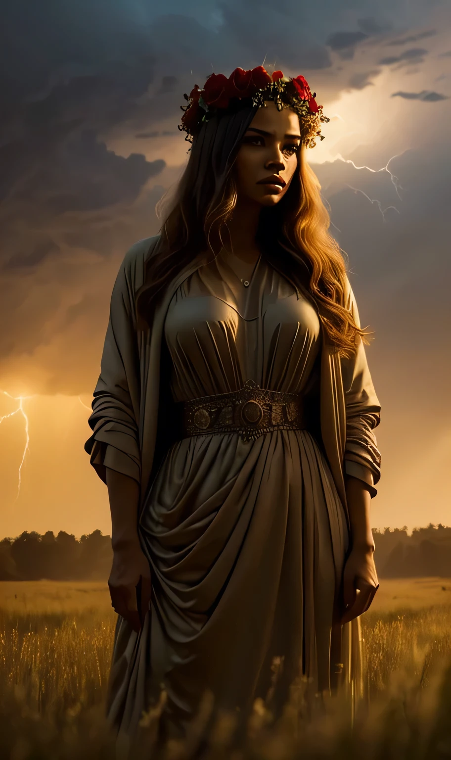 A young goddess with long wavy hair, standing in a flower field of tall grass. She is wearing a dark robe with red details, standing in the middle of the field (flower crown on her head) . She is surrounded by a swirling vortex of lightning energy, thunder and lighting. A windstorm is sweeping debris creating a whirlwind. The sun is setting behind the character creating a glowing aura around her, centered, perfect framing and composition. Epic shot, dramatic lighting, dynamic angle, (4k) , (masterpiece) , (best quality) , (extremely intricate) , (realistic) , (sharp focus) , (award winning) , (cinematic lighting) , (extremely detailed)