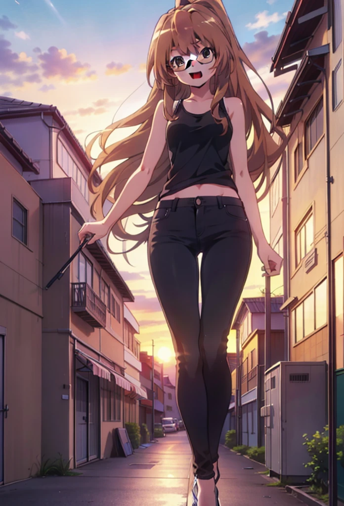 taiga aisaka, taiga aisaka, Long Hair, Brown Hair, Brown eyes,happy smile, smile, Open your mouth,ponytail,Black-rimmed glasses,Brown Tank Top,Skinny jeans,Stiletto heels,The rising sun,morning,morning陽,walking,whole bodyがイラストに入るように,
break outdoors, construction area,
break looking at viewer, whole body,
break (masterpiece:1.2), Highest quality, High resolution, unity 8k wallpaper, (shape:0.8), (Beautiful attention to detail:1.6), Highly detailed face, Perfect lighting, Extremely detailed CG, (Perfect hands, Perfect Anatomy),