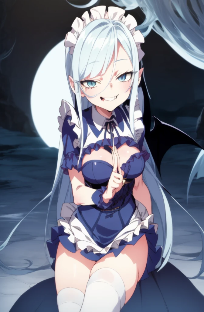 1girl, cowboy shot,
maid, thighhighs,, masterpiece, best quality, highly detailed,((blue hair)),((frilled mini skirt)),white maid clothes,((evil smile)),((blue hair)),