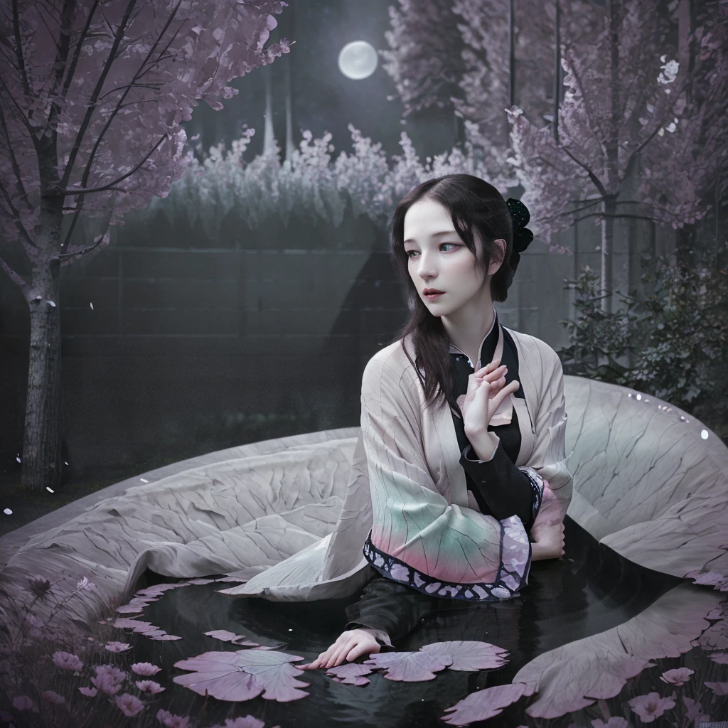 (aesthetic,Mysterious) muzan girl,dark and ethereal atmosphere,animated style,dreamlike,bright Eyes,pale skin,loose black hair,blue butterfly,moonlit garden,enchanted pose,colorful kimono,moonlight shining through the trees,soft petals falling,impressive beauty,subtle smile,silhouette on the roof,ethereal glow,calm expression,delicate features,serene aura,Timeless elegance,vibrant colors,dark fantasy vibes,magical environment,radiant moonlight,whispering winds,fantasy world illusion,feminine grace,luminous darkness,lonely figure,starry night sky, ethereal flowers,Serenity in the dark,brilliant mystery,ethereal charm