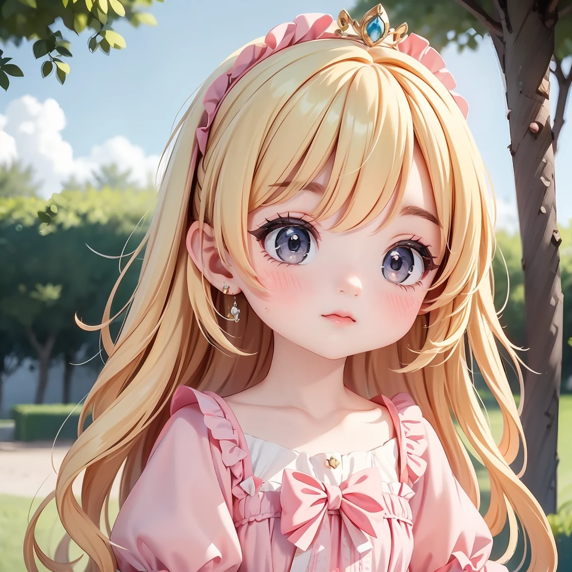 Chibi Character:2.5、Blonde Hair、Cute 7 year old girl、pink cinderella dress