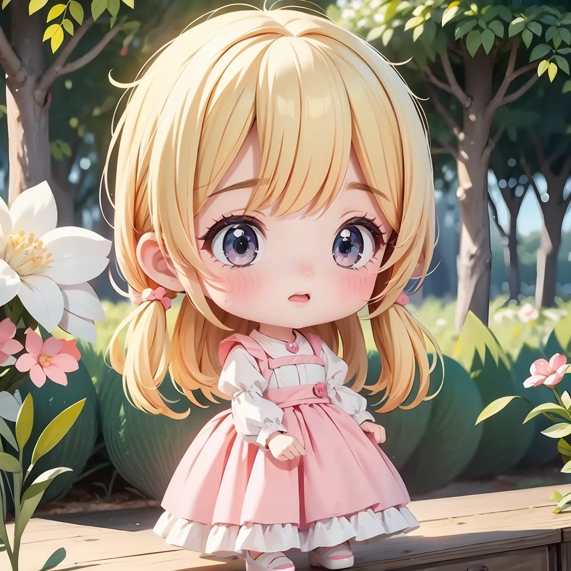  Chibi Character：2.5、Blonde Hair、Cute 7 year old girl、pink cinderella dress