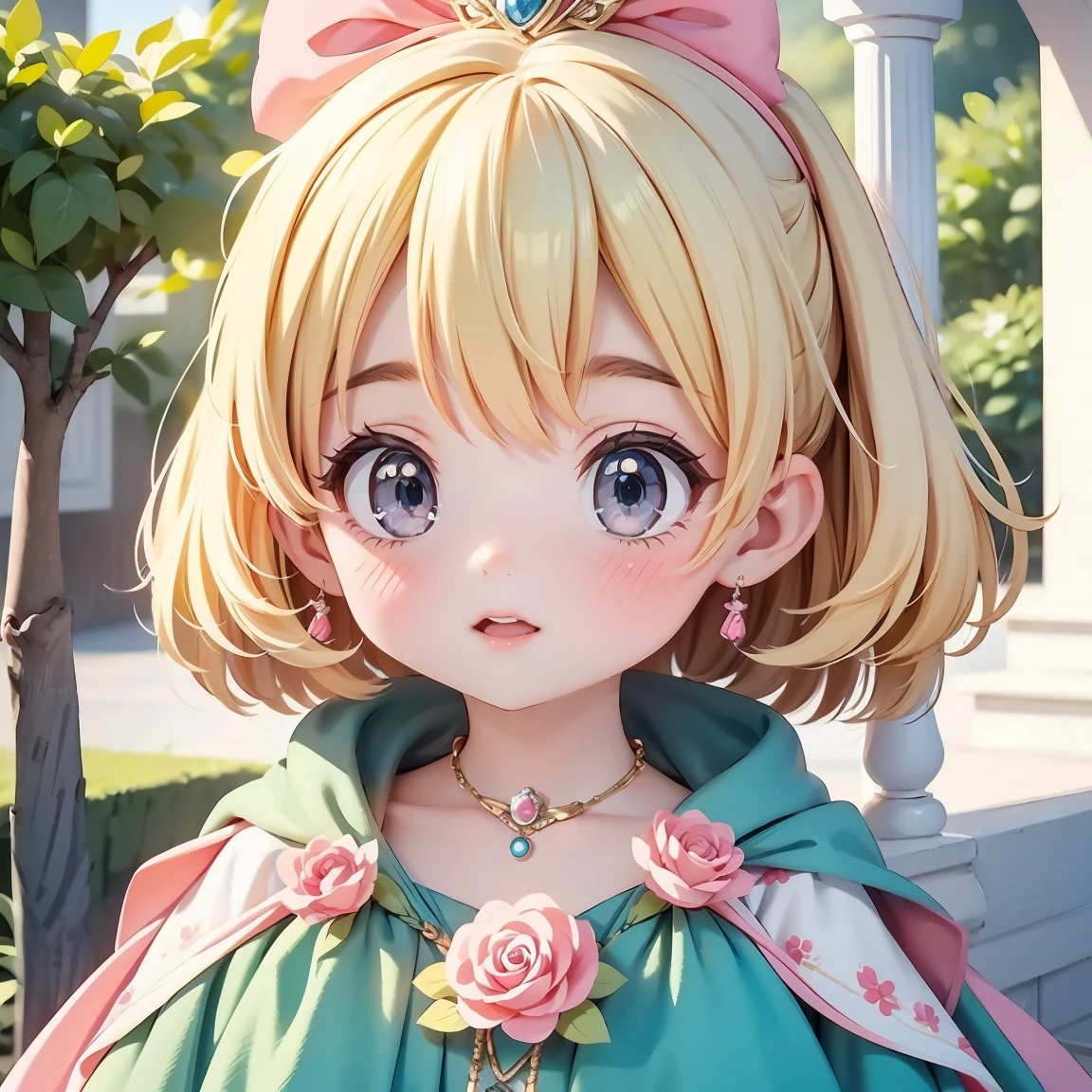  Chibi Character：2.5、Blonde Hair、Cute 7 year old girl、pink cinderella dress