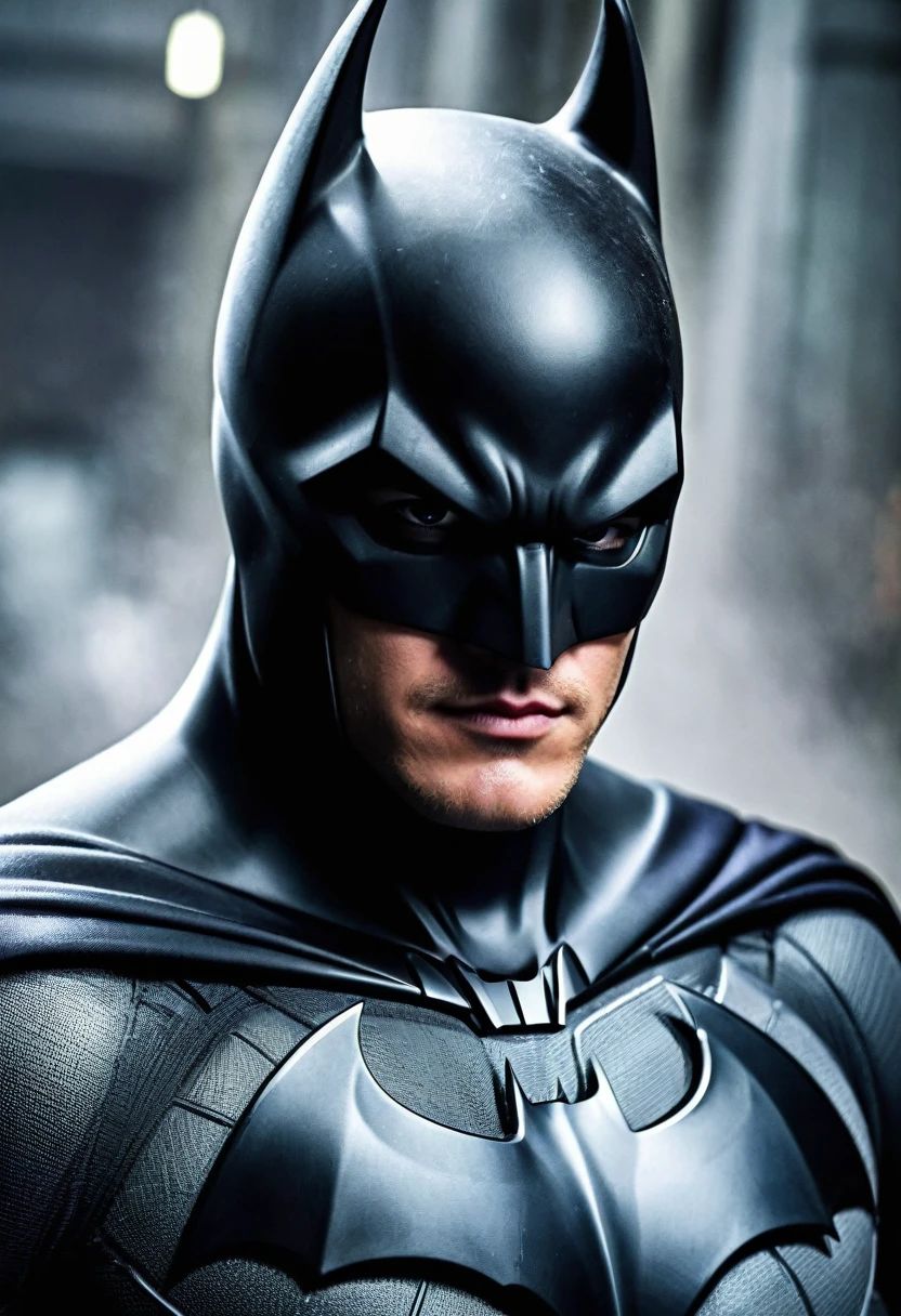 (((Extremely close-up Alan Ritchson under the mantle of Bruce Wayne aka Batman Suit Batman DC universe front images images color Splash)))