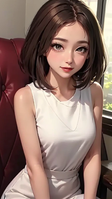 blush a little and smile, (Top quality masterpiece:1.2) Delicate illustrations, Very detailed, /Beautiful Japanese Women、1 person,Very cute and slim、Great style 、((8K images、super high quality))、Very delicate face, Skin and Hair、beautifule forehead、Red lipstick、(((((Medium Hair、Light brown hair、lure))))),Very cute Japanese cut face、Eyes and nose are clearly visible、Kind eyes,((((Sleeveless fashion))))