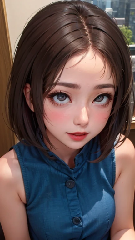blush a little and smile, (Top quality masterpiece:1.2) Delicate illustrations, Very detailed, /Beautiful Japanese Women、1 person,Very cute and slim、Great style 、((8K images、super high quality))、Very delicate face, Skin and Hair、beautifule forehead、Red lipstick、(((((Medium Hair、Light brown hair、lure))))),Very cute Japanese cut face、Eyes and nose are clearly visible、Kind eyes,((((Sleeveless fashion))))
