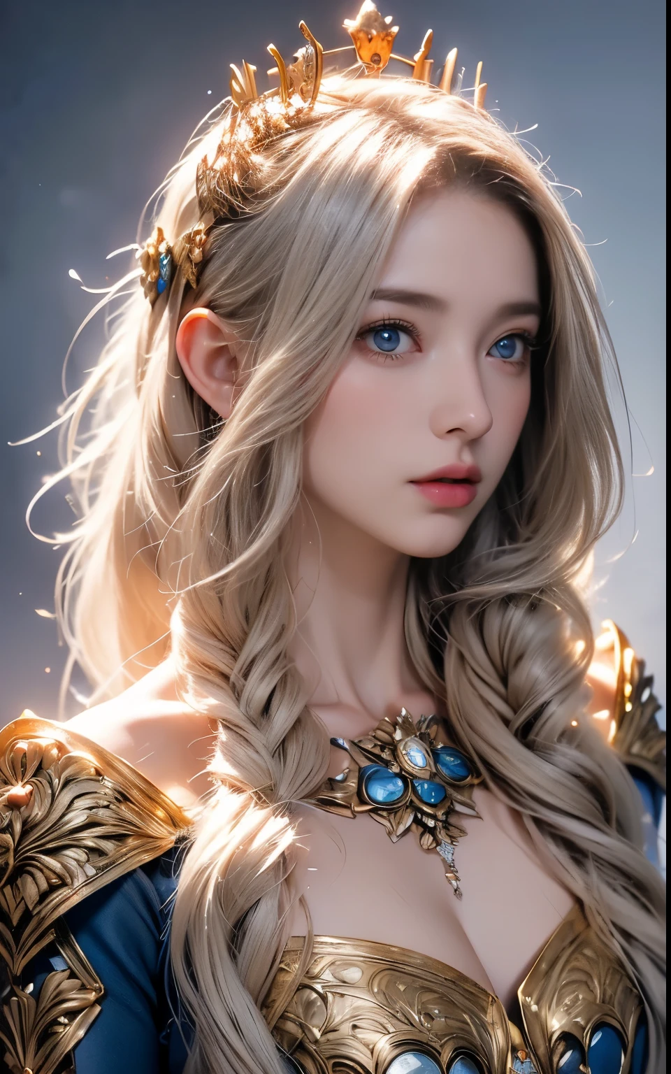crown luxury , blue eye, blond hair, around , (gold ), masterpiece,Best quality at best,A high resolution,8K,((Portrait)),(upper body),Original photo,real photograph,digital photography,(Female princess in the medieval fantasy style), sexy princess ,blue eye, super colossal breast, round colossal breast ,open kissing lips,Keep your mouth shuegant and charming,((Blushing)),virgin contempt,Calm and handsome,(Medieval fantasy dress,The Beautiful super huge round breast, small waist, perfect colossal breast of princess body, a blue delicate pattern,silver Cloak),(princes medieval character medieval fantasy style,oc render reflection texture, fighting style, sexy colossal breast , medieval castle background, slim body, very small waist,