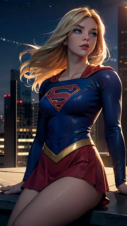 supergirl, sitting on a rooftop building, lost in deep thought, looking at the city, perfect eye, beautiful highly detailed eyes, beautiful blue eyes, both eyes are similar, beautiful detailed lips, extremely detailed face, detailed Supergirl tight suit, tight figure, blonde hair, big round breasts, D cup Breasts, tight bust, dynamic pose, cinematic lighting, epic cityscape, moody atmosphere, dramatic shadows, vibrant colors, photorealistic, 8k, best quality, hyper detailed, masterpiece