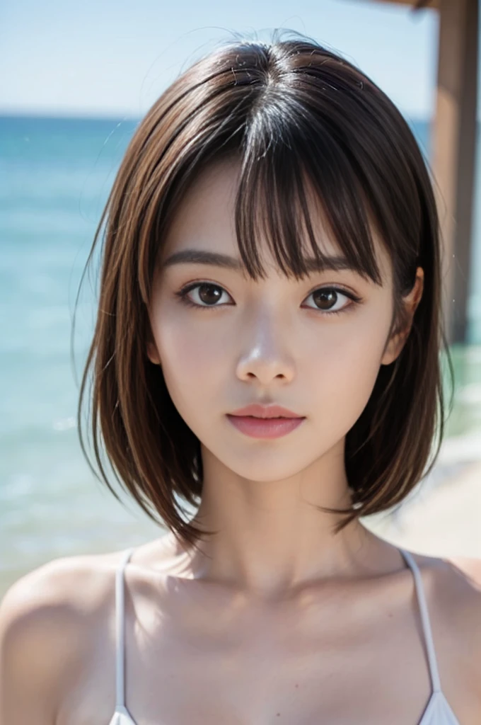 ((Highest quality)),((8K、32k)),(Genuine)、(detailed)、(Beach)、((Bust up shot))、((face closeup))、(White skin)、(Big Breasts)、Golden ratio of face to shoulder width、Micro Bikini、Shiny Hair、Short Hair、Glowing Skin、Japanese、beauty、Looking into the camera、Thick lips、cute、Hehehe:1.2、Shot with a film camera、RAW shooting、#24、Genuine、フォトGenuine:1.4、Photon Mapping、Physically Based Rendering、Perfect Anatomy、detailedなデコルテ、detailedな目、detailedな二重、detailedな咬筋、detailedな鎖骨、Perfect Fingers、Finger Description、(品質 8K)、((White skin))、Avoid mascara、Hair with movement、detailedな毛穴、Natural light、detailedな描写、Blushing、Fine pores、Perfect cleavage、masterpiece、Blushing、Hair with movement、detailedな腹筋、Sparkling、sexy、detailedな脇の下、(slender)、(Upper Body)、detailedな目元、