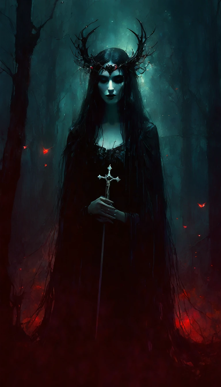 （Dark and scary atmosphere,Gothic Fashion,Dark colors）,（Highest quality，Super exquisite item）,Very sexy vampire girl,A large number of red spider lilies in full bloom on a red full moon night,Beautiful and delicate eyes,Beautiful black straight ponytail,Crow's feathers,Pale skin,No clothes on,naked,The moonlight illuminates her silhouette,A fantastic background created by darkness and moonlight,She is a tall girl who looks like an adult.,A crow is flying,Crow's feathersが舞う,Are standing,Deep foggy forest behind,（Courtesy）,((The shadows of several hanged bodies in the forest behind)),A flock of crows swarming around a corpse,Chained,Hanged by a chain around the neck,Hanging