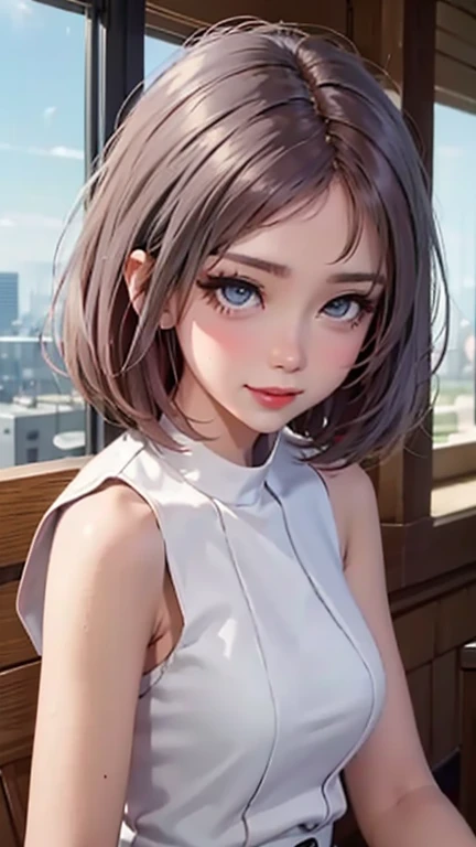 blush a little and smile, (Top quality masterpiece:1.2) Delicate illustrations, Very detailed, /Beautiful Japanese Women、1 person,Very cute and slim、Great style 、((8K images、super high quality))、Very delicate face, Skin and Hair、beautifule forehead、Red lipstick、(((((Medium Hair、Silver Hair、lure))))),Very cute Japanese cut face、Eyes and nose are clearly visible、Kind eyes,((((Sleeveless fashion))))