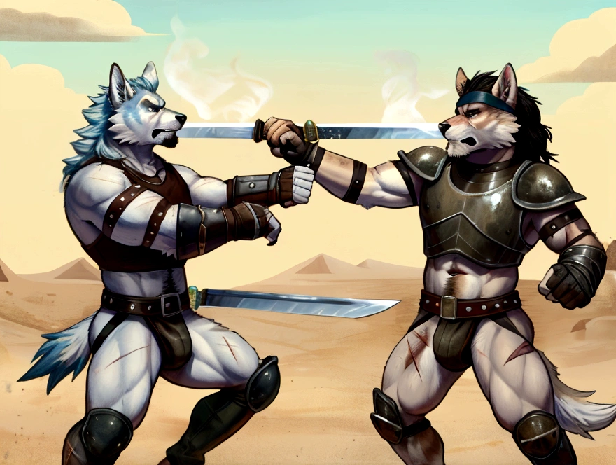 Sword fight of two Sexy anthro furry wolfes desert slaves ancient gladiators, Both looks the same - slim endomorph muscular handsome model male apperance, headband, sword scars, worn out leather skimpy armament, low on hips heavy leather belt, old very worn out skimpy dirty linen material jockstrap, old yellow dirty worn out stains on white jockstrap, studded skimpy armlets breastplate armor, skimpy breastplate, leather bondages, fingerless leather gloves, smelly unwashed furr, dirty body look. They fight with swords in sword arena duel, cinematic sword fight scene,  they are fighting in wooden cage arena, clashing swords each other, rage hate anger at each other, 