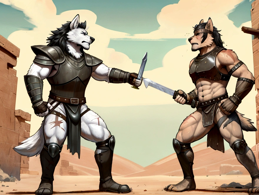 Sword fight of two Sexy anthro furry wolfes desert slaves ancient gladiators, Both looks the same - slim endomorph muscular handsome model male apperance, headband, sword scars, worn out leather skimpy armament, low on hips heavy leather belt, old very worn out skimpy dirty linen material jockstrap, old yellow dirty worn out stains on white jockstrap, studded skimpy armlets breastplate armor, skimpy breastplate, leather bondages, fingerless leather gloves, smelly unwashed furr, dirty body look. They fight with swords in sword arena duel, cinematic sword fight scene,  they are fighting in wooden cage arena, clashing swords each other, rage hate anger at each other, 