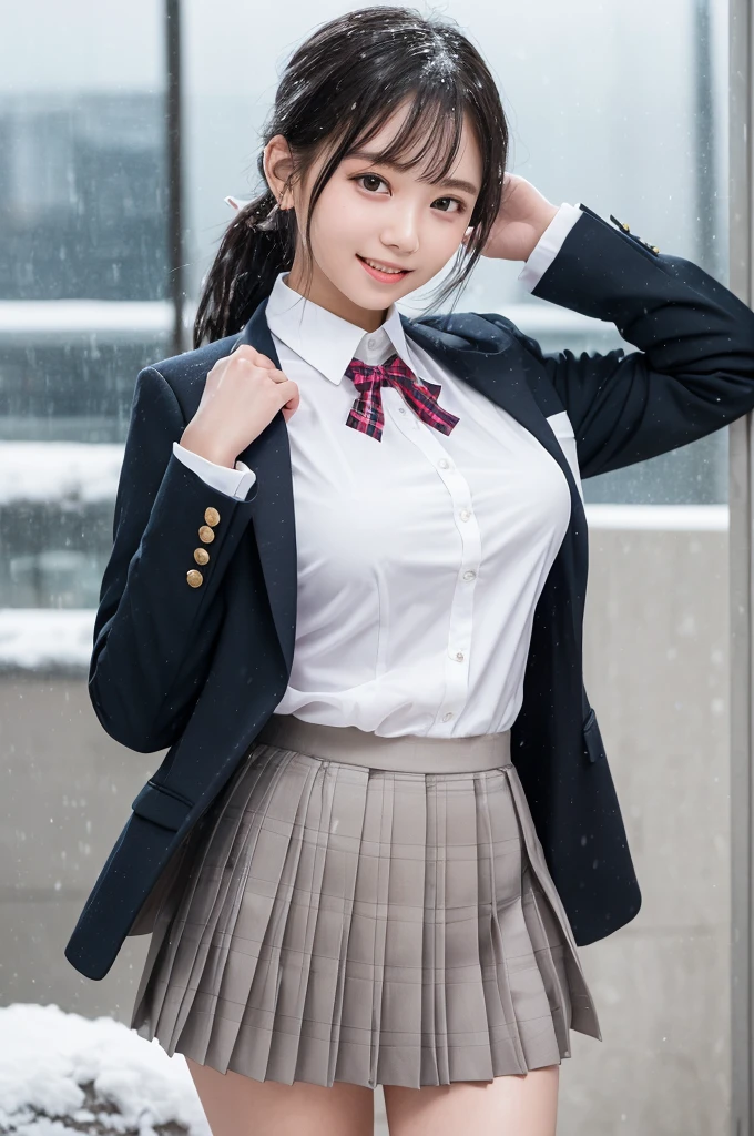 ((smile))、Confused、RAW Photos、(((The ultimate portrait masterpiece)))、((The cutest girl in the world))、1 Girl、12 years old、Japanese、Cute face、((Silky Hair))、(A high ponytail tied with a ribbon:1.4)、((Super huge breasts:1.4))、((Eyes that shine like jewels))、Glowing Skin、(young woman;It consists of a transparent white shirt, Thin ribbon, blazer, Breathable check pattern pleated skirt.:1.5)、Winter clothes、(Uniforms made from high quality materials, Breathable fabric:1.4)、Ultra-detailed uniforms、(She shyly pulls up her skirt:1)、(Breathable lace panties visible.:1.3)、((Crotch from the front))、Skirt fluttering in the wind、eyeliner、Beautiful Bangs、Hair between the eyes、((solve、High resolution))、Detailed Background、8 Quad HD、Digital SLR、Soft Light、high solve、Film Grain、Fujifilm XT3、Shallow depth of field、自然なSoft Light、Tight waist,(hour々Under the skirt:30%),(Pumping the nipples:20% Or vaginal line pump:20%),(Get wet from heavy snow:50% Or get wet in heavy rain:50%)