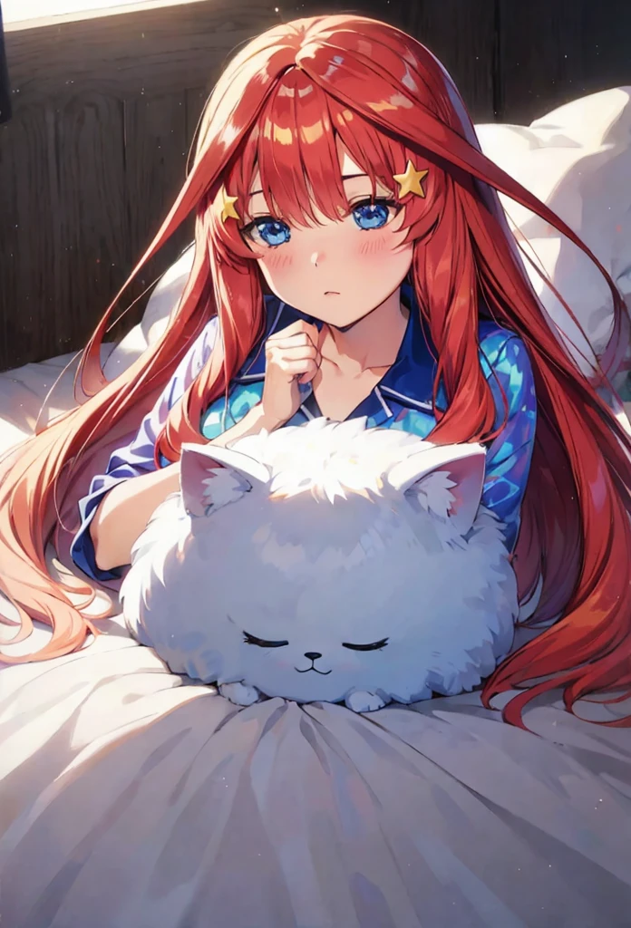 itsuki Nakano, Official art、Beautifully Aesthetic:1.2)、patterns、Hair spreads throughout、4k, excellent quality, Ultra Detail, Soft Light, Deep Focus Bokeh, Ray Tracing, --niji 5. Nakano itsuki from the quintessential quintuplets, itsuki Nakano, long fluffy red hair, blue eyes, nakano_itsuki, iridescent, , , splendid, iridescent, dynamic pose, moving, excellent character design, full body pose, full body, full body shot, perfect face, neat, clean, perfect definition  aaitsuki,long hair,bangs,hair between eyes,h pyjamas, itsuki laying among sheets and pillows, itsuki sleeping, layuing down, sleep, sleeping, cozy