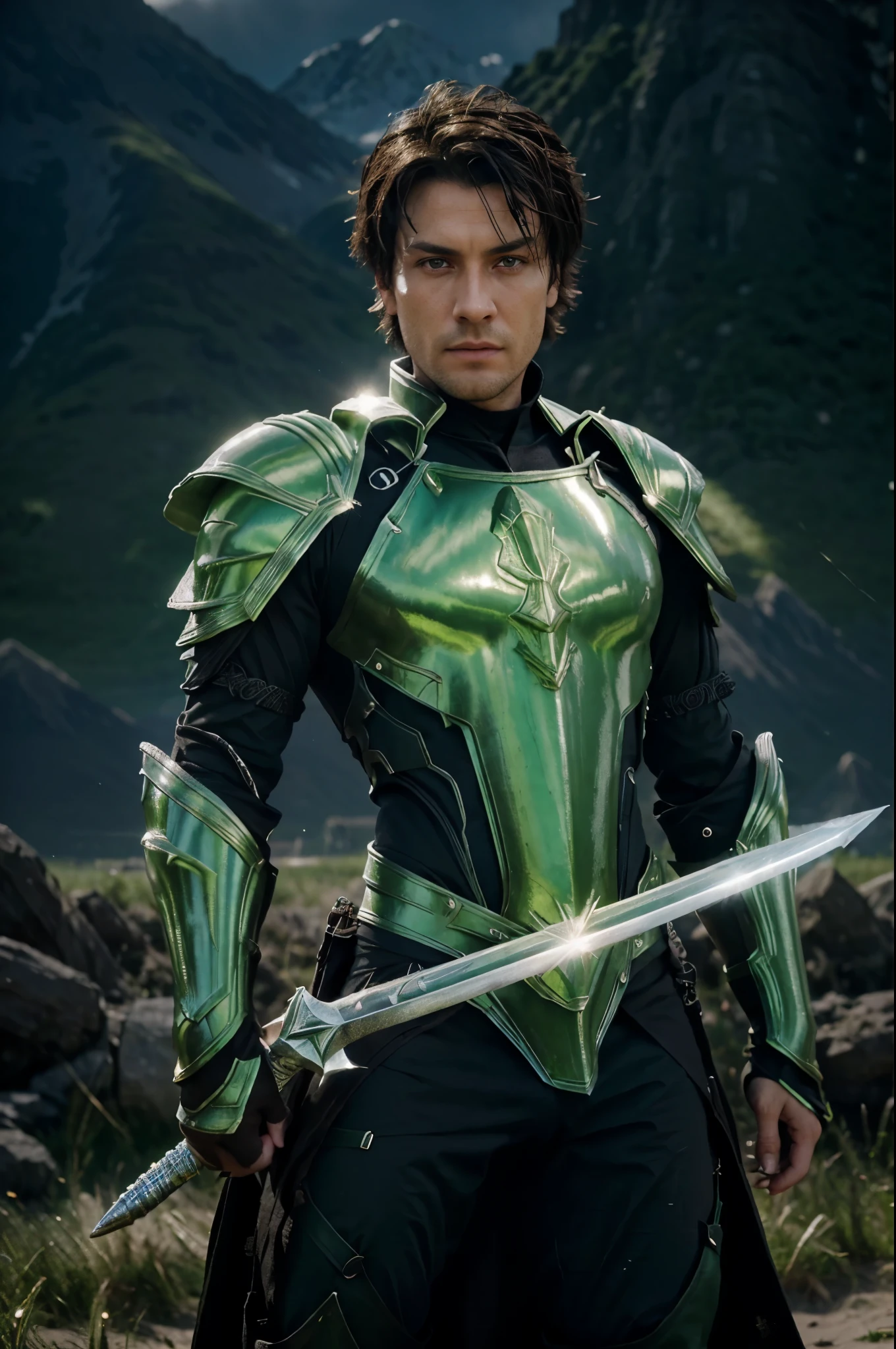 Realistic. real photo. Closeup of a black haired man, green eyes,with a green sword, Bright Green Soul Blade,, intricate shining armor. (((in the background you can see a mountain), dune lighting)),
