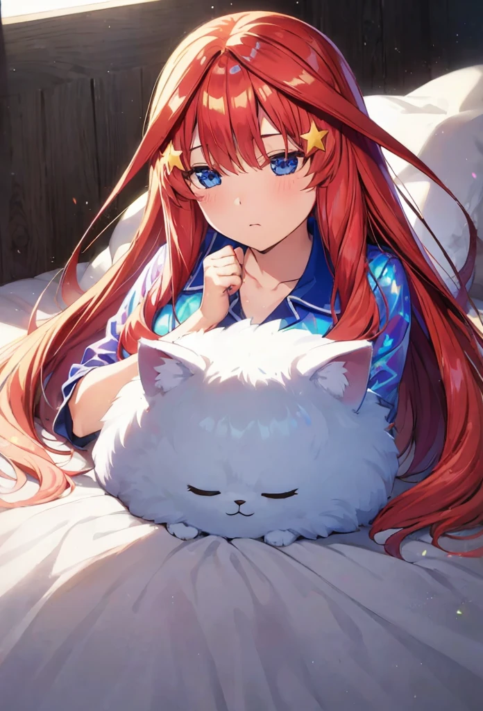 itsuki Nakano, Official art、Beautifully Aesthetic:1.2)、patterns、Hair spreads throughout、4k, excellent quality, Ultra Detail, Soft Light, Deep Focus Bokeh, Ray Tracing, --niji 5. Nakano itsuki from the quintessential quintuplets, itsuki Nakano, long fluffy red hair, blue eyes, nakano_itsuki, iridescent, , , splendid, iridescent, dynamic pose, moving, excellent character design, full body pose, full body, full body shot, perfect face, neat, clean, perfect definition aaitsuki,long hair,bangs,hair between eyes,h pyjamas, itsuki laying among sheets and pillows, itsuki sleeping, layuing down, sleep, sleeping, cozy