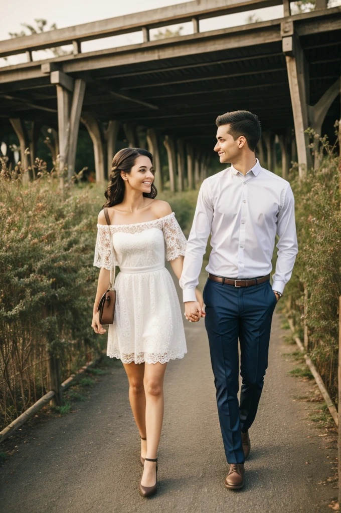 A happy couple in love, sharing a joyful moment together. They are walking hand-in-hand in a beautiful park, surrounded by vibrant flowers and sunlight. Their faces are filled with happiness and contentment, reflecting deep love and connection.
