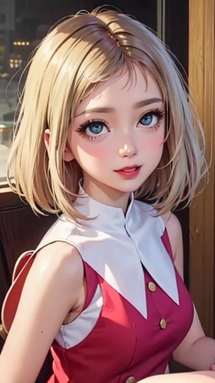blush a little and smile, (Top quality masterpiece:1.2) Delicate illustrations, Very detailed, /Beautiful Japanese Women、1 person,Very cute and slim、Great style 、((8K images、super high quality))、Very delicate face, Skin and Hair、beautifule forehead、Red lipstick、(((((Medium Hair、Blonde、lure))))),Very cute Japanese cut face、Eyes and nose are clearly visible、Kind eyes,((((Sleeveless fashion))))