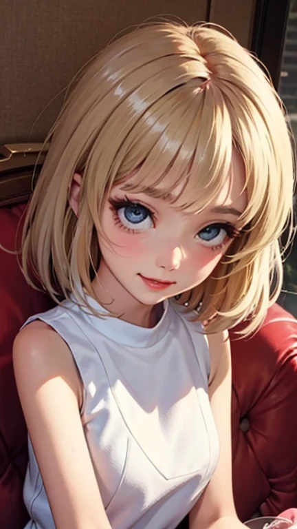 blush a little and smile, (Top quality masterpiece:1.2) Delicate illustrations, Very detailed, /Beautiful Japanese Women、1 person,Very cute and slim、Great style 、((8K images、super high quality))、Very delicate face, Skin and Hair、beautifule forehead、Red lipstick、(((((Medium Hair、Blonde、lure))))),Very cute Japanese cut face、Eyes and nose are clearly visible、Kind eyes,((((Sleeveless fashion))))