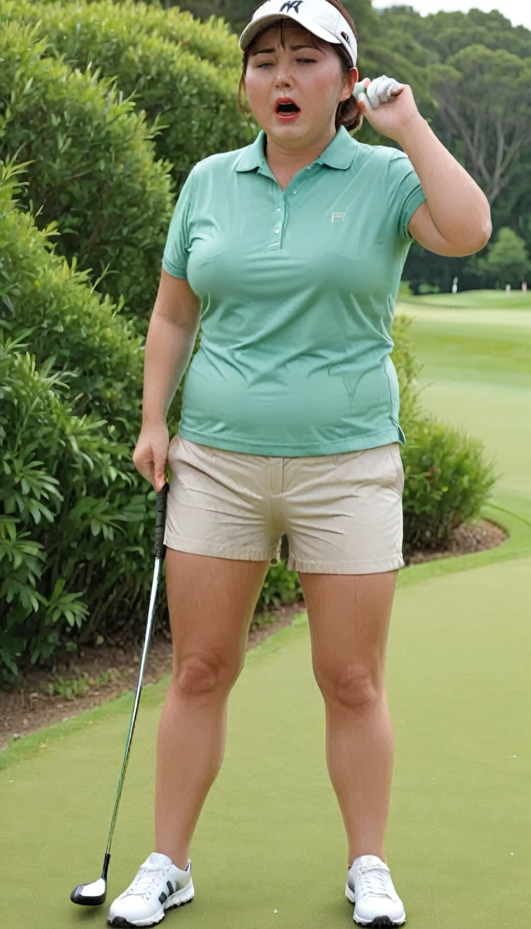 1woman,fullbody,(masterpiece:1.5),photo-realistic,16k,(beautiful 40s japanese plump lady:1.4),(golf course,in bushes:1.4),(cap:1.3),(poloshirt:1.5),(shorts:1.3),(sneakers:1.5),(handing on wetting crotch with both hands:1.4),(whimpering:1.6),(panicking:1.6),(crying:1.6),(wetting:1.7),(dripping pee:1.4),brown straight medium hair,black eyes,makeup,lipstick,eyeliner,mascara,eyeshadow