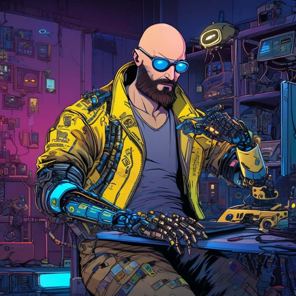 one men, 30years, without hair, bald man with brown beard, athletic body, wearing yellow leather jacket with blue neon, sunglasses with blue lens, robotic arm implants, connected limbs, in his bedroom, using a computer to hack, futuristic atmosphere, night time, cyberpunk style, Point of view view, centered image. Medium frame.