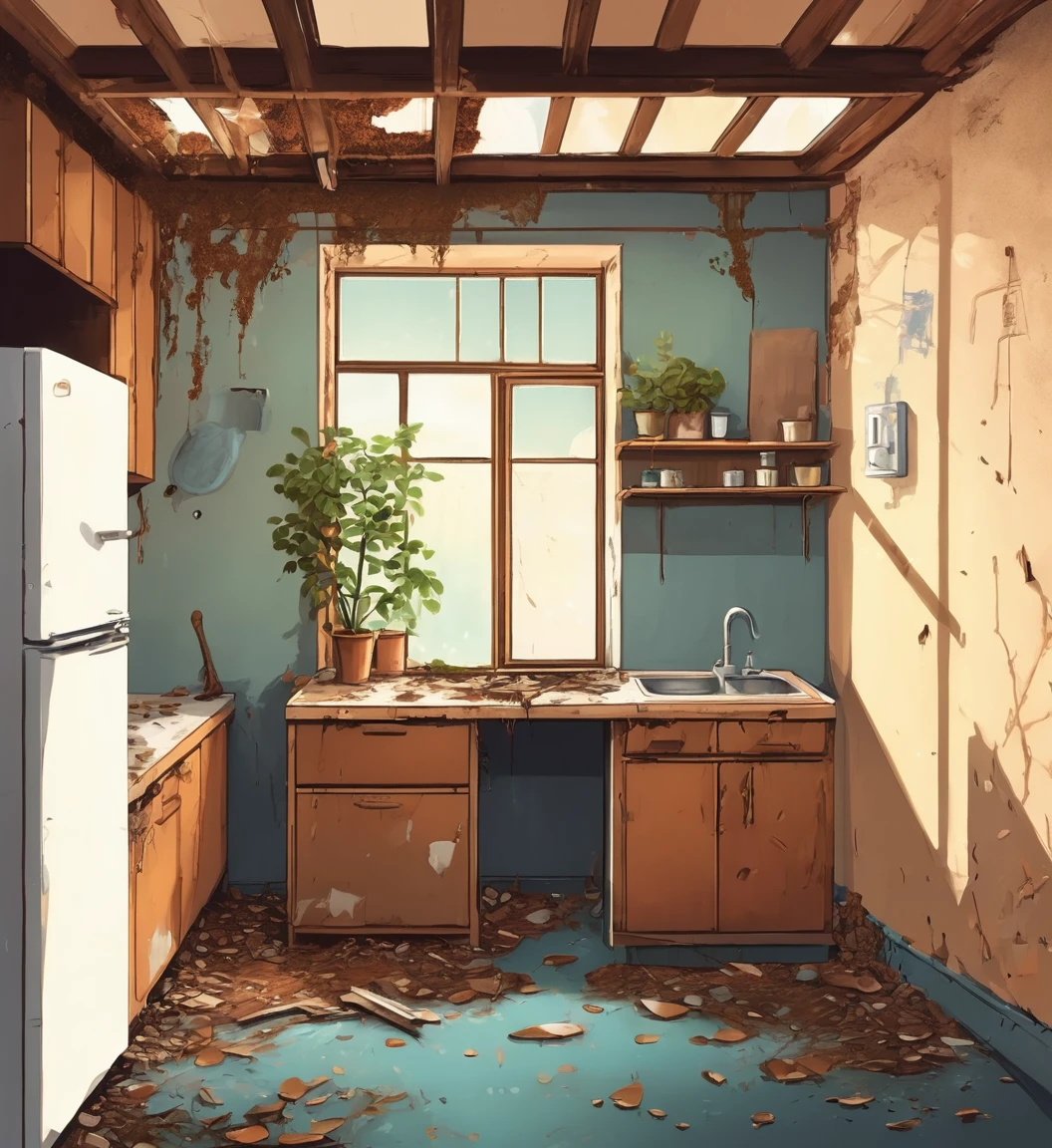 Abandoned kitchen, post-war, No people, puddle of water, infiltration on the wall and ceiling, refrigerator with rusty door between open and stain of infiltration, wooden cabinet with rusty door between open and stain of infiltration, floor with floor with stains of infiltration and missile on the floor next to the refrigerator, plants on the ceiling and wall invading the space.
Soft light coming in through the open wooden window with broken glass.
Intricate details, simple and spontaneous lines, humorous, graphic illustration style, 4k definition with measurements of 3840 x 2160 pixels, front view of the scene. unrealistic, childish
Negatives:
Realism, deformity,
Perspective.