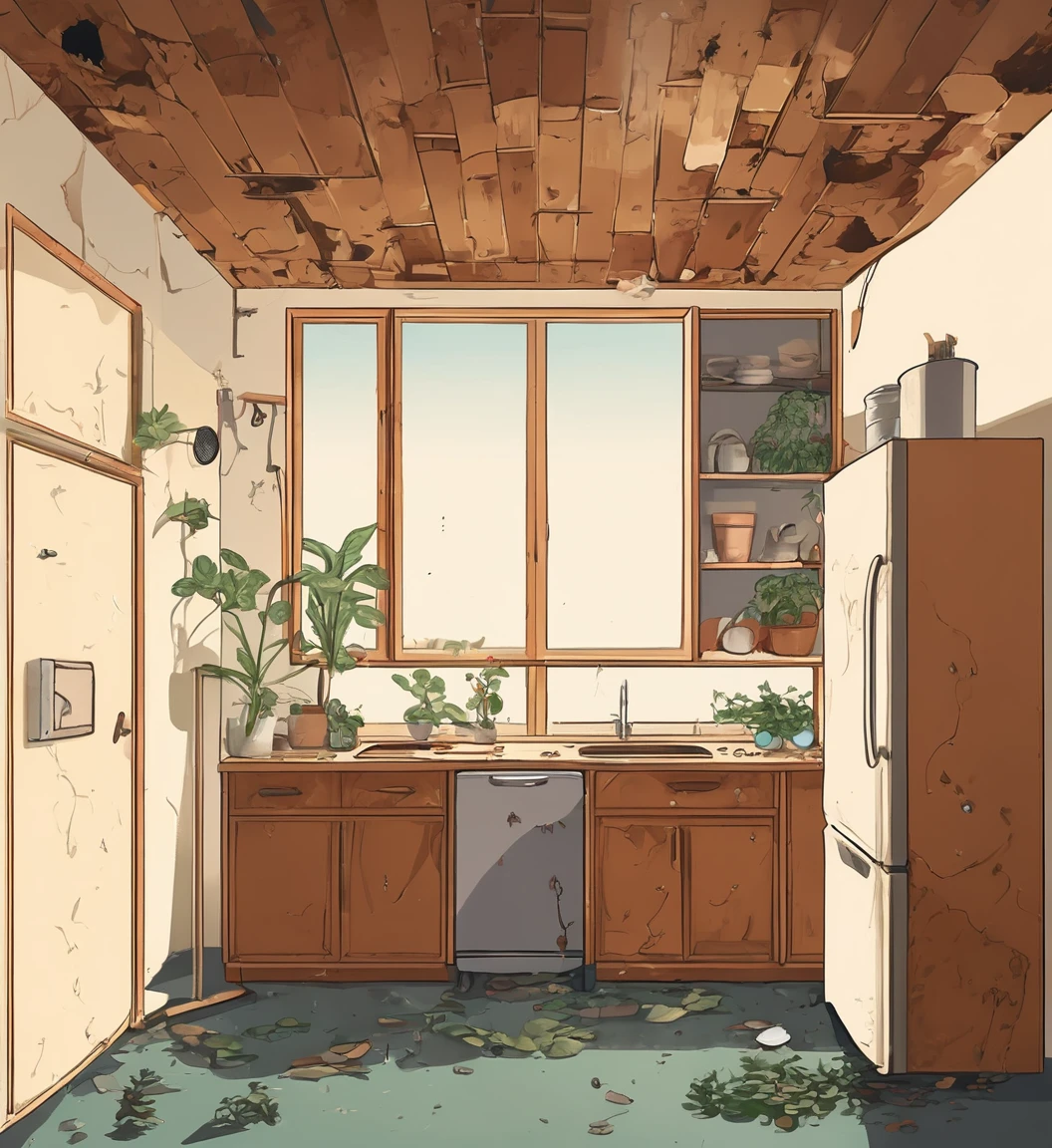 Abandoned kitchen, post-war, No people, puddle of water, infiltration on the wall and ceiling, refrigerator with rusty door between open and stain of infiltration, wooden cabinet with rusty door between open and stain of infiltration, floor with floor with stains of infiltration and missile on the floor next to the refrigerator, plants on the ceiling and wall invading the space.
 Soft light coming in through the open wooden window with broken glass.
 Intricate details, simple and spontaneous lines, humorous, graphic illustration style, 4k definition with measurements of 3840 x 2160 pixels, front view of the scene.  unrealistic, childish 

 Negatives: 

 Realism, deformity, 
 Perspective.