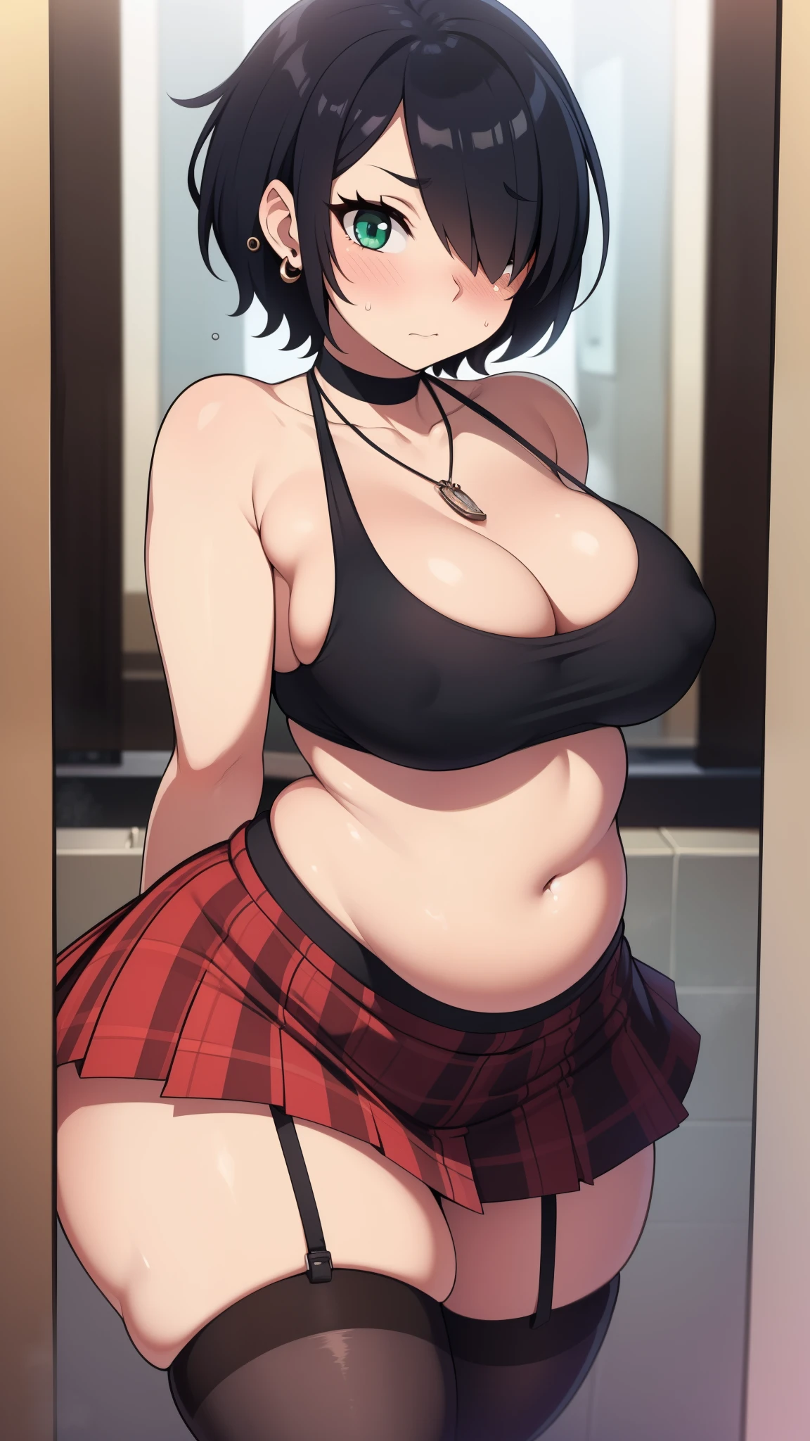 ((Masterpiece)), perfect anatomy, perfect shading, field of depth, (best quality), extremely delicate and beautiful, perfect lighting, detailed face, ultra cute face, cute, (cowboy shot 1.2), looking at viewer, (((1girl))), (((solo))), goth girl
Short hair, black hair, (hair over one eye), pale skin, green eyes, eye liner, ear piercing, choker, necklace, ((blush)), shy, nervous, sexually suggestive, (black tank top 1.5), (plaid short sectioned skirt 1.5), thigh highs, medium breasts, cleavage, ((wide hips)), (((thick thighs))), (chubby), chubby belly,
bathroom, intricate background, detailed background, arms behind back,