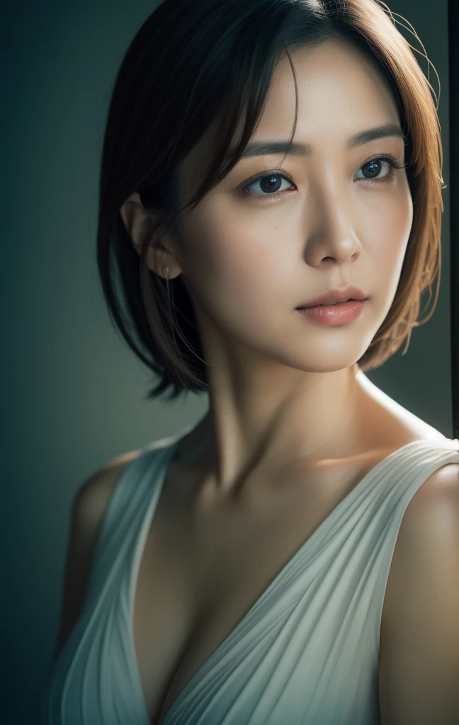 a beautiful detailed face of a 45 year old japanese mature woman, beautiful detailed lips with lip gloss, sensual expression, large breasts, wearing a light blue casual one piece, garbage disposal, ouside, shallow depth of field, standing and viewed from the side, (best quality,8k,masterpiece:1.2),ultra-detailed,(realistic,photorealistic,photo-realistic:1.37),intricate details,stunning portrait,dramatic lighting,cinematic,elegant