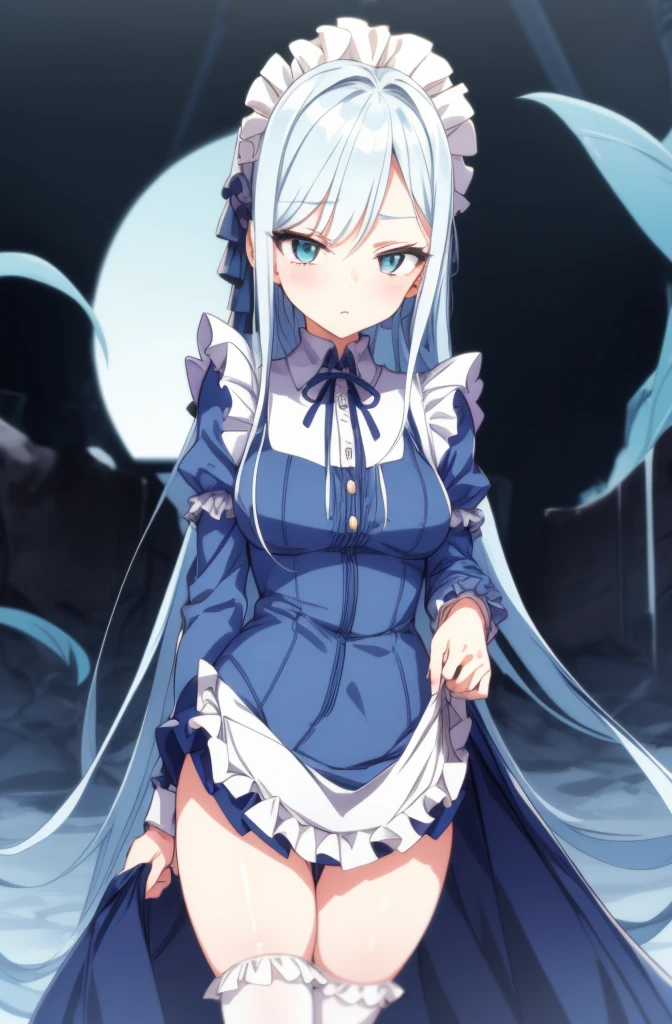 1girl, cowboy shot,
maid, thighhighs,, masterpiece, best quality, highly detailed,((blue hair)),((frilled mini skirt)),white maid clothes,((blue hair)),