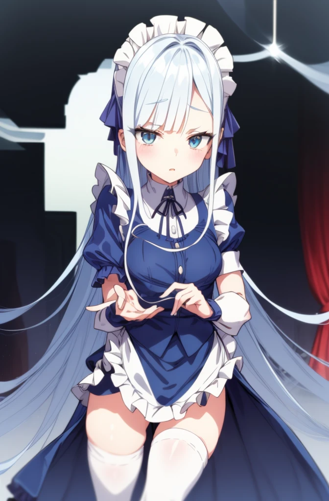1girl, cowboy shot,
maid, thighhighs,, masterpiece, best quality, highly detailed,((blue hair)),((frilled mini skirt)),white maid clothes,((blue hair)),