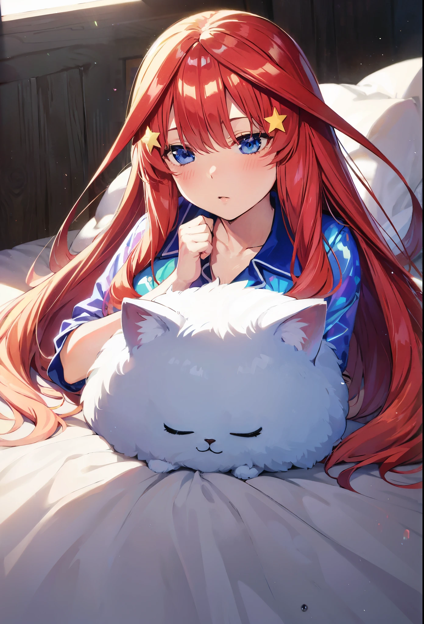 itsuki Nakano, Official art、Beautifully Aesthetic:1.2)、patterns、Hair spreads throughout、4k, excellent quality, Ultra Detail, Soft Light, Deep Focus Bokeh, Ray Tracing, --niji 5. Nakano itsuki from the quintessential quintuplets, itsuki Nakano, long fluffy red hair, blue eyes, nakano_itsuki, iridescent, , , splendid, iridescent, dynamic pose, moving, excellent character design, full body pose, full body, full body shot, perfect face, neat, clean, perfect definition  aaitsuki,long hair,bangs,hair between eyes,h pyjamas, itsuki laying among sheets and pillows, itsuki sleeping, layuing down, sleep, sleeping, cozy