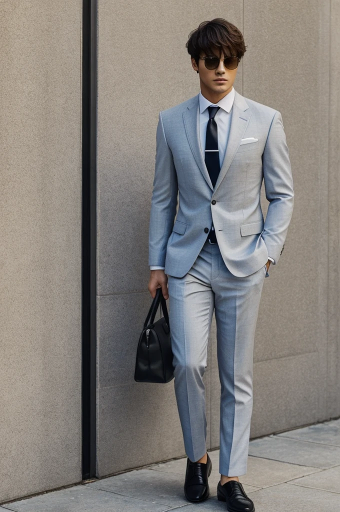 A man with a full body but a square head without a face , White color , suit with tie