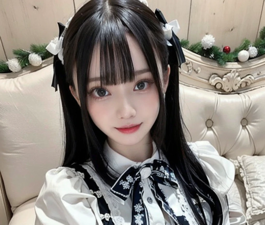 RAW Photos,(8K)、(Highest quality: 1.2)、(Real)、(Real: 1.37)、Ultra-high resolution、A young woman is smiling at the camera。She has long black hair、Bangs cover the forehead。She is wearing a blue and white checked dress、White lace detailing。A Christmas tree is visible in the background。She is looking calmly at the camera。