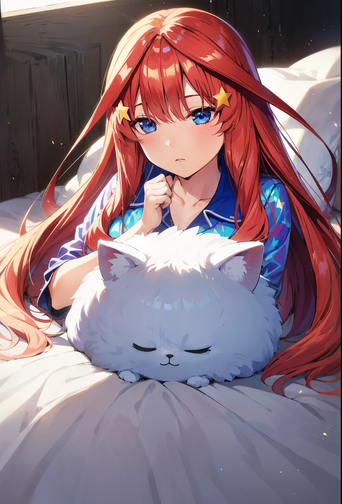 itsuki Nakano, Official art、Beautifully Aesthetic:1.2)、patterns、Hair spreads throughout、4k, excellent quality, Ultra Detail, Soft Light, Deep Focus Bokeh, Ray Tracing, --niji 5. Nakano itsuki from the quintessential quintuplets, itsuki Nakano, long fluffy red hair, blue eyes, nakano_itsuki, iridescent, , , splendid, iridescent, dynamic pose, moving, excellent character design, full body pose, full body, full body shot, perfect face, neat, clean, perfect definition aaitsuki,long hair,bangs,hair between eyes,h pyjamas, itsuki laying among sheets and pillows, itsuki sleeping, layuing down, sleep, sleeping, cozy