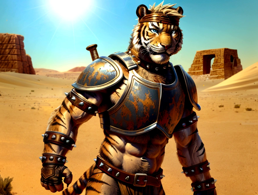 Solo Sexy anthro furry tiger desert slave ancient gladiator, slim endomorph muscular handsone model male apperance, headband, sword scars, worn out leather skimpy armament, low on hips heavy leather belt, old very worn out skimpy dirty linen material jockstrap, old yellow dirty worn out stains on white jockstrap, studded skimpy armlets breastplate armor, skimpy breastplate, leather bondages, fingerless leather gloves, smelly unwashed furr, dirty body look, desert fighting wooden cage arena, standing in sexy fighting cinematic position, close view of full character, side front view