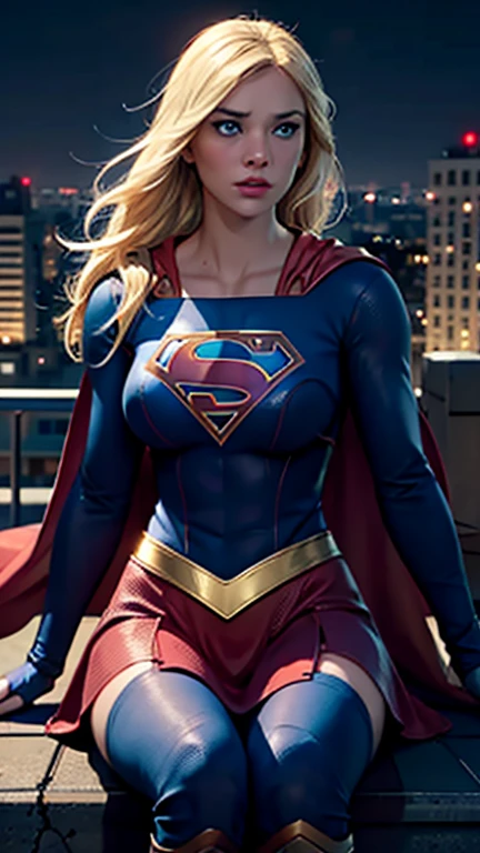 supergirl, sitting on a rooftop building, lost in deep thought, looking at the city, perfect eye, beautiful highly detailed eyes, beautiful blue eyes, both eyes are similar, beautiful detailed lips, extremely detailed face, detailed Supergirl tight suit, tight figure, blonde hair, big round breasts, D cup Breasts, tight bust, dynamic pose, cinematic lighting, epic cityscape, moody atmosphere, dramatic shadows, vibrant colors, photorealistic, 8k, best quality, hyper detailed, masterpiece