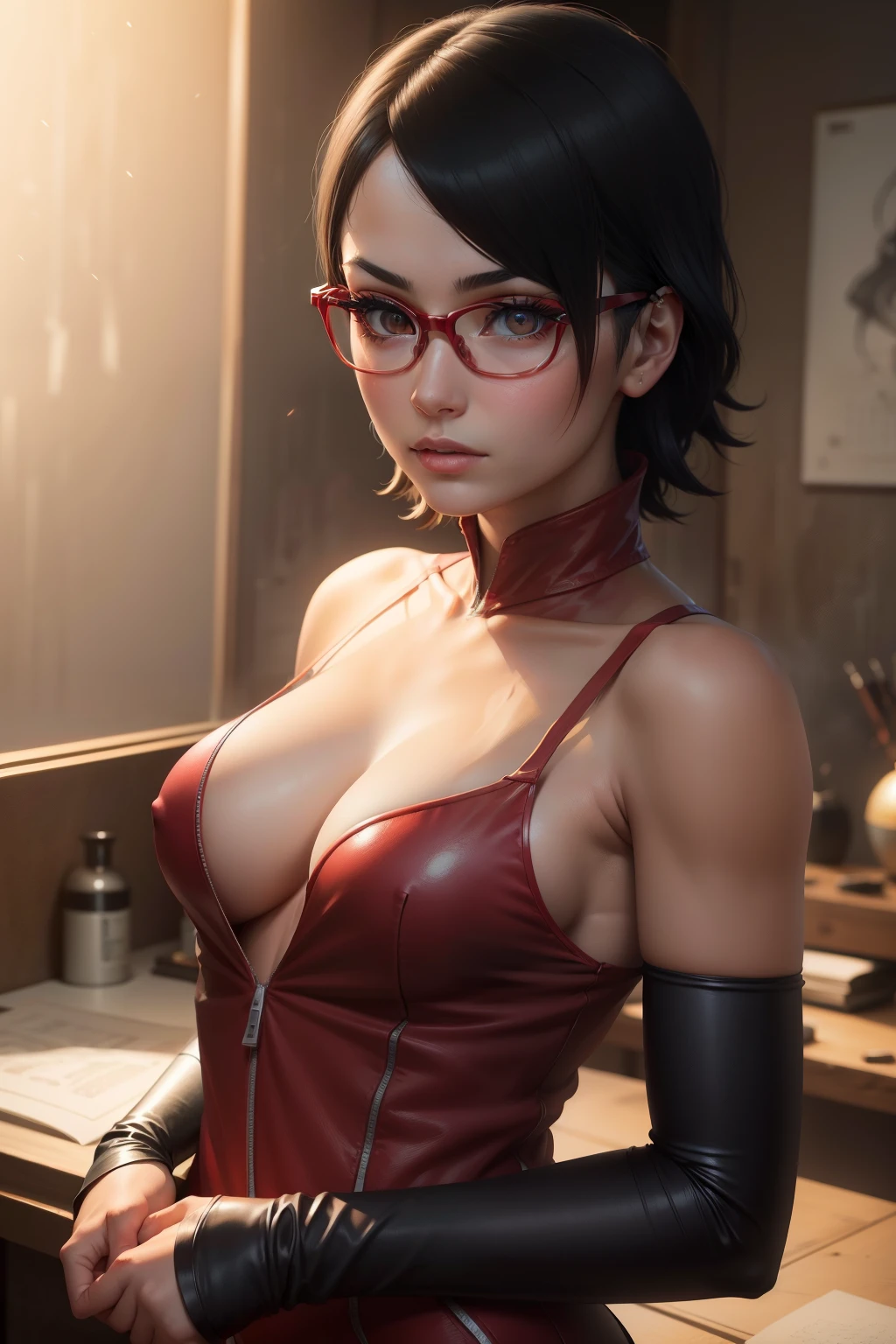 (highres,masterpiece:1.2),ultra-detailed,realistic,professional,beautiful detailed eyes,beautiful detailed lips,dark hair,short black hair,red glasses,Very big breasts,stunning black eyes,clear skin,18-year-old girl,fashionable short hairstyle,vibrant red glasses,Shinobi Academy,fierce determination,confident posture,crimson outfit,intense gaze,background filled with ninjutsu techniques,shadows cleverly accentuating her features,subtle studio lighting,sublime realism,striking color tones