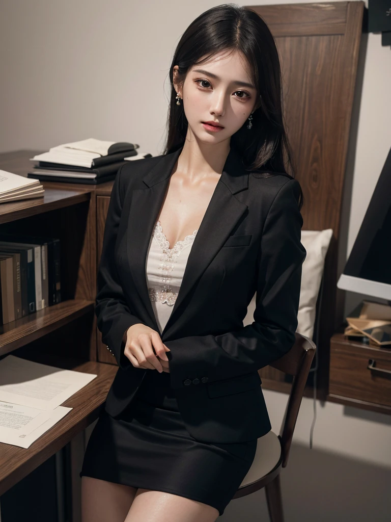 absurdres, RAW photo, extremely delicate and beautiful, masterpiece, Best Quality, ultra high resolution, 32k, hyperrealistic, ultra-detailed, delicate facial features, beautiful detailed woman, tearful mole, earring, medium breasts, ((full body shot)), medium hair, black hair, office lady suit, blazer, 