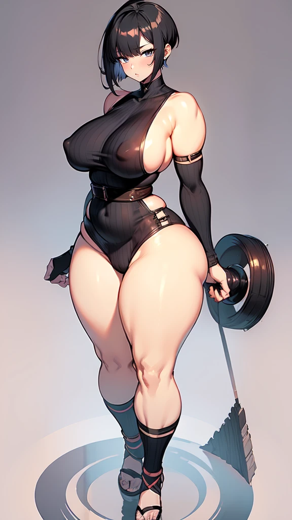 (masterpiece), best quality, female warrior, huge girl, female muscular:1.2, (curvy:1.8), (((blank background))), ((full body)), fingerless gloves, sandals, sleeveless, covered nipples, ((buzzcut hairstyle)), black hair, hair over eyes, ((very big legs:1.4))